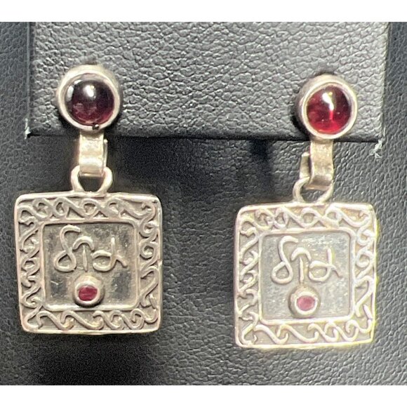 Vintage Sterling Silver Garnet Earrings Stud Square Dangle Geometric 1" Long - Picture 2 of 13